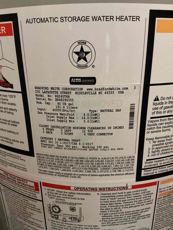 Completed comprehensive heating maintenance on a 7-year-old Bradford White 40-gallon natural gas water heater, Model M-I-40T6FBN. Performed full combustion analysis using Testo 310 II flue gas analyzer, which confirmed optimal operating parameters with T-stack reading of 98.5°F, oxygen level at 7.4%, carbon monoxide at 50 ppm, and combustion efficiency at 95.4%. All readings fell within manufacturer specifications and safety standards for Category I natural draft appliances. System operating safely with proper venting and adequate clearances maintained per ANSI Z21.10.1-2017/CSA 4.1-2017 certification requirements.