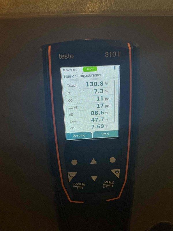 Performed comprehensive maintenance on 8-year-old gas furnace system. Conducted combustion analysis using Testo 310 II flue gas analyzer, confirming safe and efficient operation with readings showing 130.8°F stack temperature, 11 ppm CO, 88.6% efficiency, and proper oxygen levels at 7.3%. All combustion parameters tested within acceptable ranges for natural gas appliance operation.