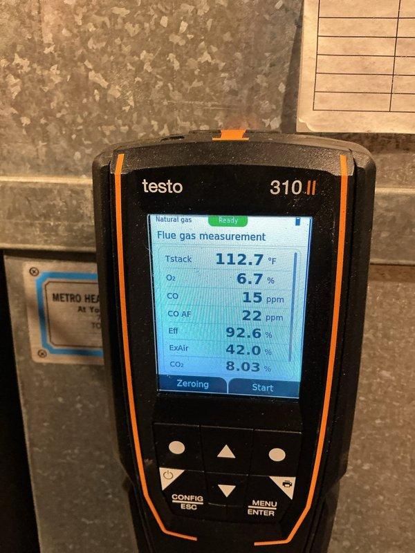 Completed comprehensive tune-up on 6-year-old furnace and air conditioning system. Performed flue gas analysis on furnace showing optimal combustion efficiency at 92.6% with carbon monoxide levels at 15 ppm in flue and 22 ppm ambient, oxygen at 6.7%, and stack temperature of 112.7°F—all readings within acceptable parameters for natural gas appliance. Inspected AC unit electrical components including capacitor, contactor, and wiring connections; verified all connections secure and components functioning properly.