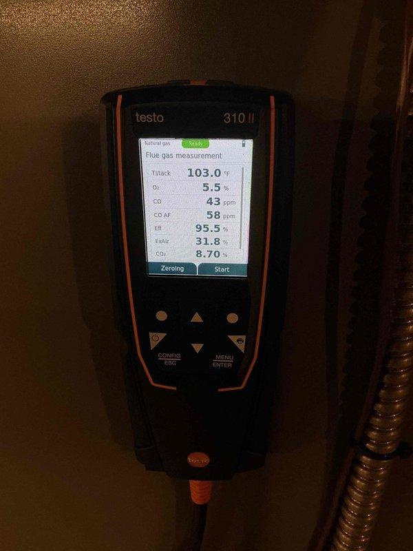 Completed annual maintenance on a 4-year-old residential heating system. Performed comprehensive inspection of furnace components, verified proper operation of all safety controls, and conducted combustion analysis using calibrated gas analyzer. Flue gas measurements confirmed optimal system performance with efficiency reading of 95.5%, oxygen level at 5.5%, carbon monoxide at 43 ppm, and stack temperature at 103°F. Inspected PVC intake and exhaust venting for proper installation and clearances, checked all electrical connections, and verified furnace ignition sequence. All components operating within manufacturer specifications with no deficiencies noted.
