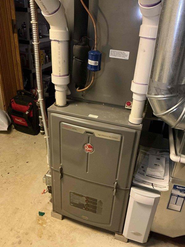 Completed comprehensive tune-up service on 10-year-old Rheem furnace and matching outdoor condensing unit. Performed full system inspection, cleaned components, verified proper operation of both heating and cooling systems, checked refrigerant lines and condensate drainage, and confirmed all electrical connections and safety controls were functioning within manufacturer specifications.