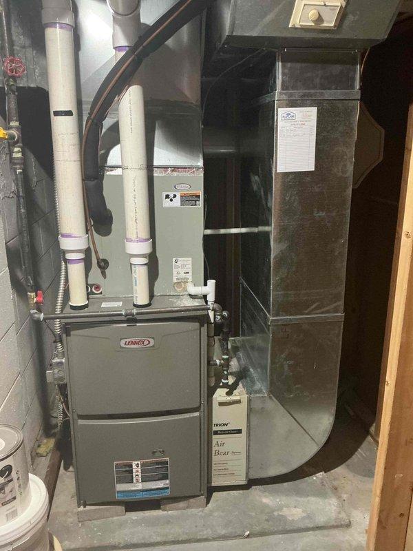 Completed scheduled Maintenance MVP HEAT service on a 5-year-old gas-powered Lennox furnace located in the basement mechanical room. Performed comprehensive inspection of all heating system components, verified proper operation of burners and heat exchanger, checked gas connections and combustion air supply, inspected venting system including PVC exhaust and intake pipes, tested safety controls and limit switches, and confirmed adequate airflow through the system. All equipment found operating within manufacturer specifications with no deficiencies noted.