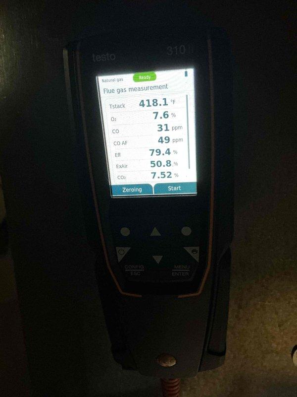 Completed comprehensive MVP heating maintenance on Concord brand natural gas furnace for new homeowner. Performed full system inspection and combustion analysis using Testo flue gas analyzer, which revealed stack temperature of 418.1°F, oxygen level at 7.6%, carbon monoxide at 31 ppm, air-free CO at 49 ppm, combustion efficiency at 79.4%, excess air at 50.8%, and CO2 at 7.52%. All combustion readings fell within acceptable operating parameters for natural gas equipment. Verified furnace operation, inspected electrical connections at junction box, examined flexible ductwork connections, and confirmed proper venting. No air conditioning system was found on the property during inspection.