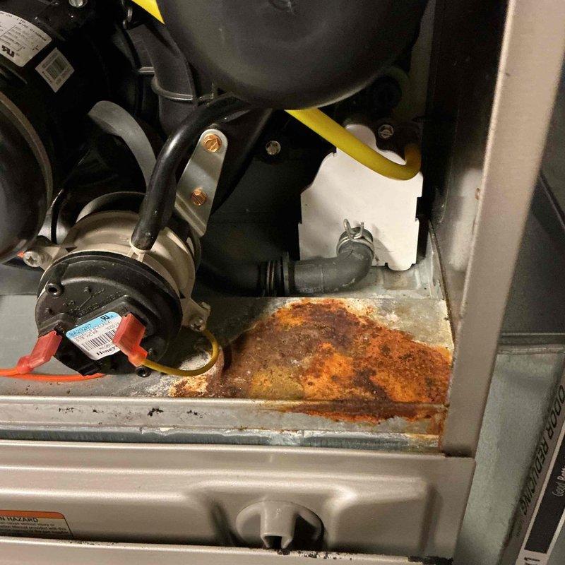 # Gas Furnace No Heat Service Call

Responded to no heat complaint on 7-year-old gas furnace. Upon inspection, found blower motor inoperative. Verified motor specifications (ZHONGSHAN BROAD-OCEAN MOTOR, Model YAL24/18004L, 115V) and checked all electrical connections. Discovered significant rust and corrosion in condensate pump assembly and drain pan, indicating chronic moisture accumulation. Serviced condensate removal system, cleared drainage pathways, and tested blower motor operation. Verified proper airflow and system functionality. Unit restored to normal heating operation.