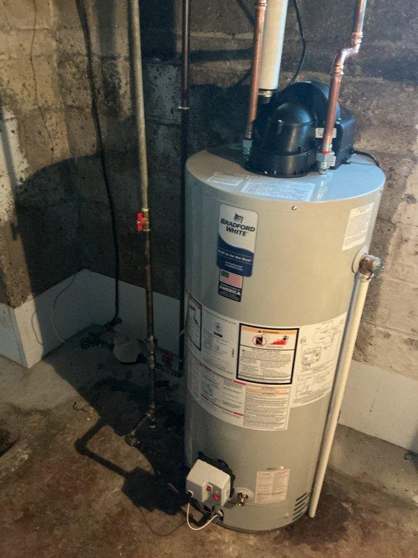 Responded to no hot water complaint and performed diagnostic inspection of Bradford White tanked water heater in basement utility area. Verified water heater installation, checked plumbing connections including copper supply lines and piping configuration, and assessed unit positioning and clearances. Inspected electrical connections, safety labels, and overall equipment condition to identify cause of hot water failure.