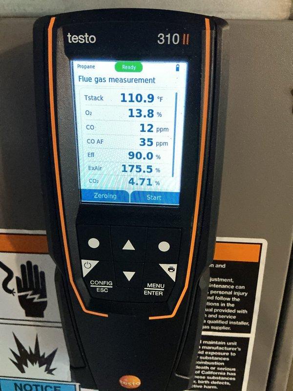 Completed Maintenance MVP heating service on two 17-year-old furnace units located in the center of the residence. Performed comprehensive system inspection, combustion analysis using Testo 310 II flue gas analyzer showing propane furnace operating at 90.0% efficiency with acceptable readings (CO at 12 ppm, O2 at 13.8%, stack temperature at 110.9°F), and verified proper burner operation through visual inspection of flame characteristics. All safety controls tested and confirmed operational.