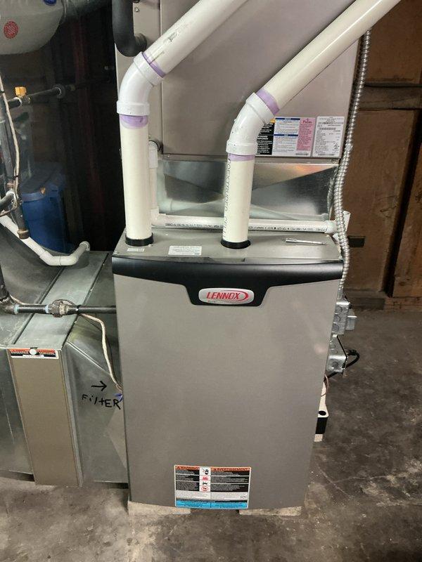 Completed comprehensive heating maintenance on a 3-year-old Lennox furnace system located in the basement. Performed standard maintenance protocol including filter inspection, visual inspection of PVC venting system, verification of proper condensate drainage, and overall system operation check. All components found to be functioning within normal parameters with no immediate service needs identified.