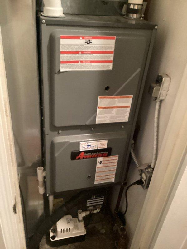 Completed comprehensive estimate for HVAC system replacement including existing Amana furnace located in interior closet space and outdoor condensing unit. Documented current equipment condition, installation configuration including PVC condensate drainage system and electrical connections, and provided replacement recommendations for complete heating and cooling system upgrade.