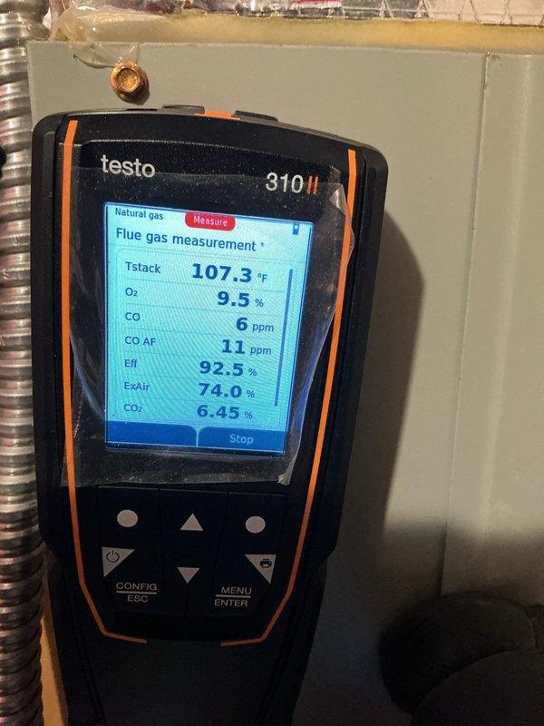 Completed comprehensive heating maintenance on a 10-year-old gas furnace, including combustion analysis using Testo 310 II flue gas analyzer which confirmed safe and efficient operation with readings of 92.5% efficiency, 6 ppm CO, and proper oxygen levels at 9.5%. Performed system sealing and applied caulking to ductwork connections to improve air tightness and system efficiency, and conducted electrical testing to verify proper system operation.