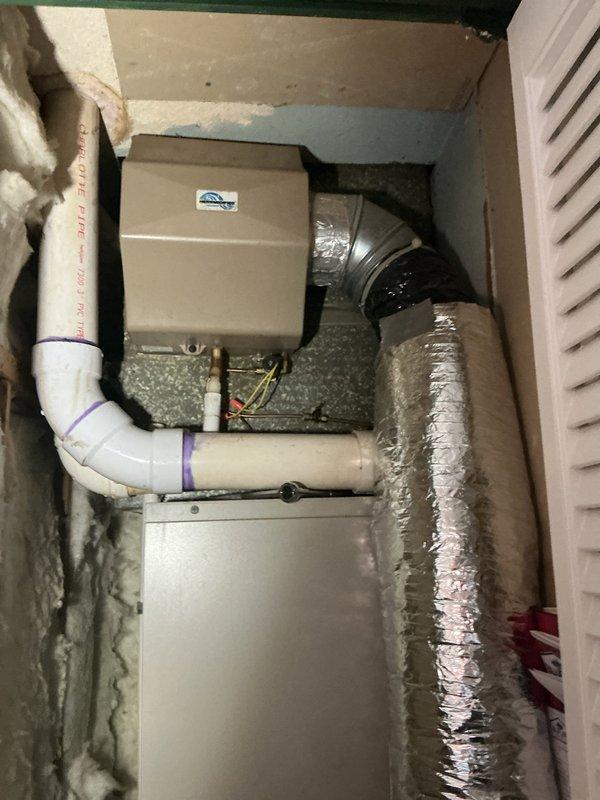 Completed Maintenance MVP HEAT service on an 11-year-old natural gas furnace. Performed comprehensive system inspection and combustion analysis using calibrated flue gas analyzer. Combustion testing revealed stack temperature of 112.2°F, oxygen level of 11.2%, carbon monoxide reading of 7 ppm in flue gas with 15 ppm air-free CO, system efficiency of 89.2%, excess air at 102.3%, and carbon dioxide level of 5.49%. All combustion parameters fall within acceptable operating ranges for safe and efficient furnace operation. Inspected air handler cabinet, ductwork connections, and PVC condensate drain system. Verified proper operation of all furnace components and confirmed unit is functioning as designed. System documented with photographic evidence showing equipment condition and analyzer readings.