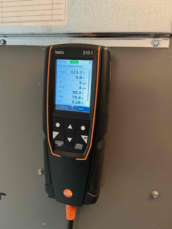 Completed comprehensive heating maintenance on a 14-year-old system under the MVP maintenance plan. Performed combustion analysis using Testo 310 II flue gas analyzer, recording stack temperature of 122.8°F, oxygen level of 13.8%, carbon monoxide readings of 1-3 ppm air-free, and combustion efficiency of 87.4-90.3%. All readings indicate proper burner operation and safe system performance within manufacturer specifications.