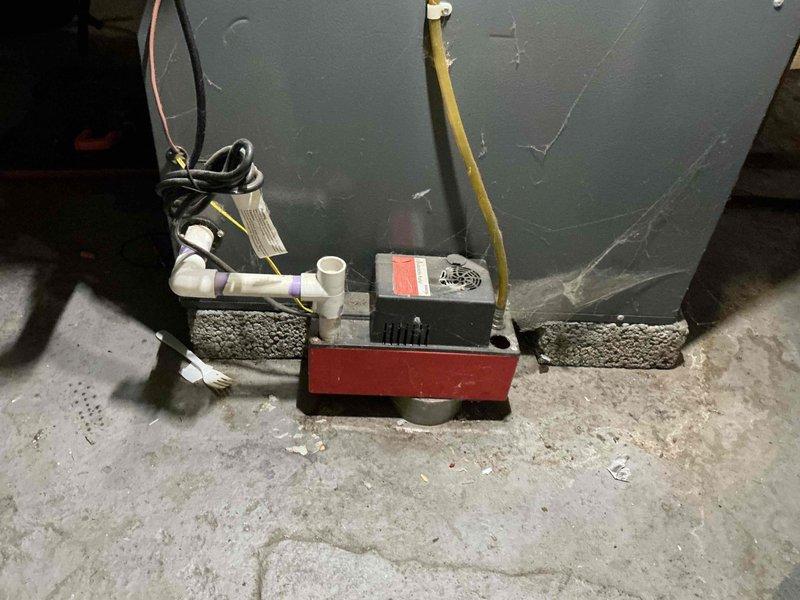 Responded to no heat call on 7-year-old gas furnace. Upon arrival, diagnosed issue related to condensate pump system. Inspected condensate pump assembly and drainage lines, finding obstruction preventing proper water removal which had triggered safety switch and shut down furnace operation. Cleared blockage from condensate pump, verified proper pump function, and tested drainage flow through yellow discharge line and white PVC piping. Reset safety switch, restored power to furnace, and confirmed unit fired properly with normal heat operation. System returned to full functionality with all safety devices operating as designed.