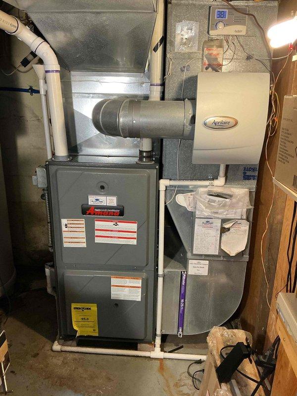 Completed comprehensive heating maintenance on a 15-year-old residential gas furnace system. Performed full system inspection including burner assembly, heat exchanger, blower motor, and all safety controls. Verified proper operation of Aprilaire humidifier unit and tested thermostat functionality. Inspected all electrical connections, gas line integrity, and PVC condensate drainage system. Cleaned and tested ignition system, confirmed proper flame characteristics, and measured temperature rise across heat exchanger within manufacturer specifications. All components found operating within normal parameters with no immediate repairs required.