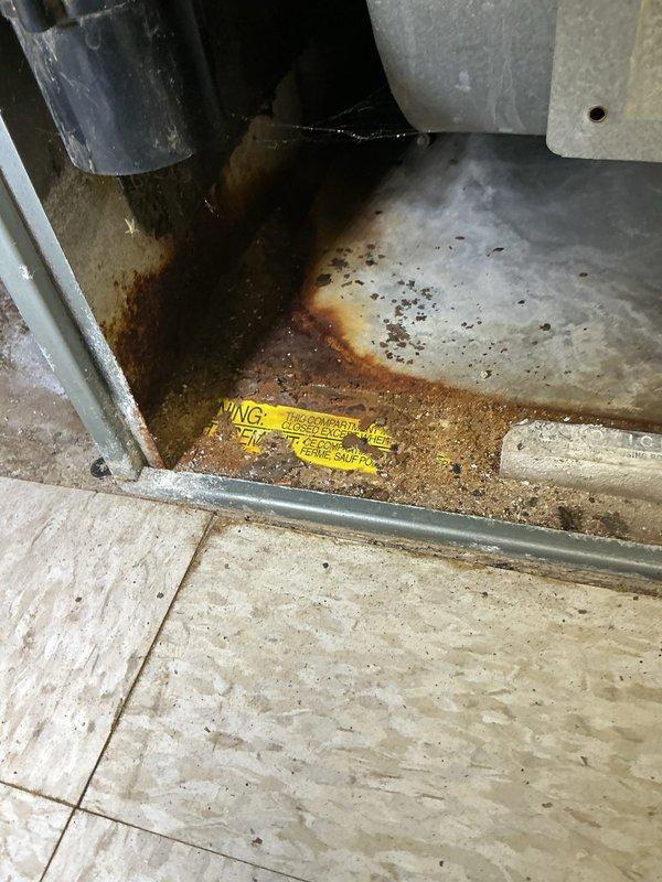 Responded to service call for commercial furnace experiencing cycling issues and intermittent shutdowns during heating operation. Upon arrival, performed diagnostic inspection of unit and identified significant water accumulation in condensate drain pan with extensive rust staining and sediment buildup. The corroded drain pan showed evidence of prolonged moisture exposure with standing water containing rust-colored discoloration and debris throughout the collection tray. Documented existing conditions showing compromised drainage system and deteriorating metal surfaces. The unit's base interior displayed accumulated dirt, sediment, and oxidation indicating maintenance concerns affecting proper condensate removal. Addressed immediate cycling concern and provided customer with findings regarding drain pan condition and recommended corrective actions to prevent future operational issues.