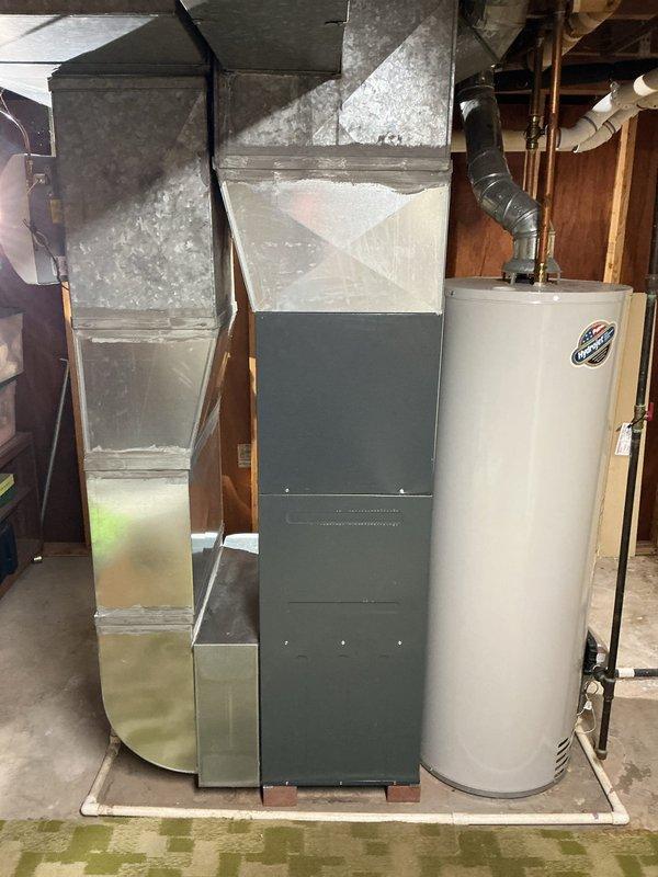 Completed Amana furnace warranty replacement in basement mechanical room. Removed and replaced defective furnace unit with new Amana model, ensuring proper leveling and alignment of equipment. Verified all ductwork connections, tested system operation, and confirmed unit is functioning within manufacturer specifications.