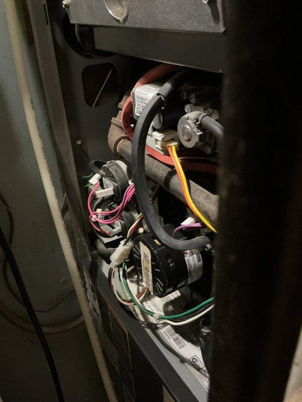 Completed scheduled maintenance on gas-powered furnace heating system. Performed comprehensive inspection of all internal components including blower assembly, heat exchanger, pressure switches, and electrical connections. Verified proper operation of ignition system, gas valve, and safety controls. Inspected and tested wiring connections throughout the unit. Checked air filter assembly and verified adequate airflow through the ventilation system. All components found operating within normal parameters and system functioning properly upon completion of maintenance visit.
