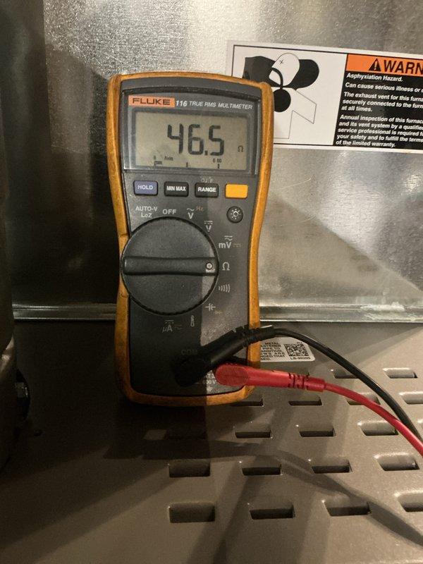 Performed scheduled maintenance on a 2-year-old gas furnace, including electrical component testing with a multimeter to verify resistance readings and confirm proper operation, and resolved the identified heating issue. Inspected the exhaust vent connection and the adjoining whole-house humidifier, and returned the system to normal operation.