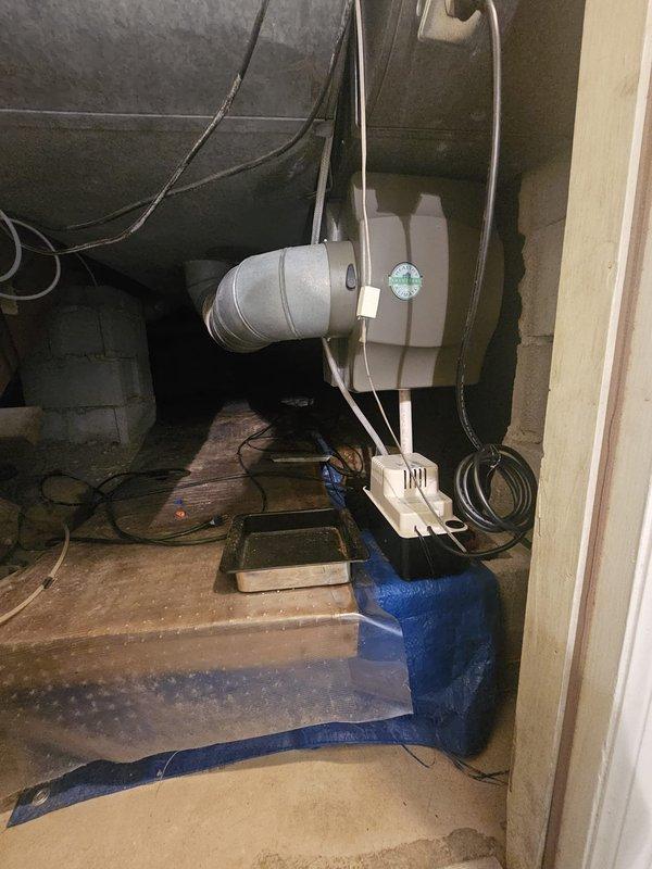 Installed a new 96% Lennox upflow high-efficiency furnace, replacing the existing metal exhaust and intake venting (mufflers removed) with approximately 35' of 2" PVC venting, and set and leveled the unit. Added a 120V condensate pump with a drain line, installed a new whole-house humidifier on the supply plenum with a condensate drain to the pump, and replaced the thermostat.