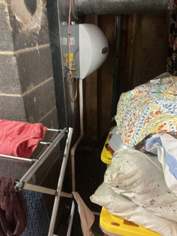 Performed seasonal maintenance on a 5-year-old gas furnace, inspecting the cabinet, internal wiring, blower motor, and condensate tubing, and checking the pleated return air filter, which showed dust loading and discoloration along its edges and should be replaced on a regular schedule. Verified the drain line on the bypass humidifier is routed correctly and free of obstruction. Observed visible mold or mildew staining on pillows stored near the equipment in a damp, cluttered utility area and recommended relocating stored items away from the furnace and humidifier, improving airflow and moisture control, and clearing the equipment area to maintain safe clearances.