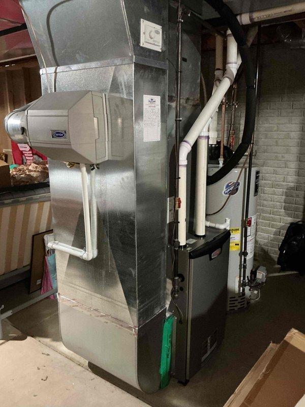 Performed annual preventive maintenance on a 3–4 year old Lennox gas furnace, inspecting the cabinet, plenum, ductwork connections, PVC intake/exhaust venting, and condensate drain line and trap, with no visible rust, cracks, or damage noted. System was found operating properly with no issues reported, and the attached Carrier humidifier and adjacent water heater area were also observed in good condition.