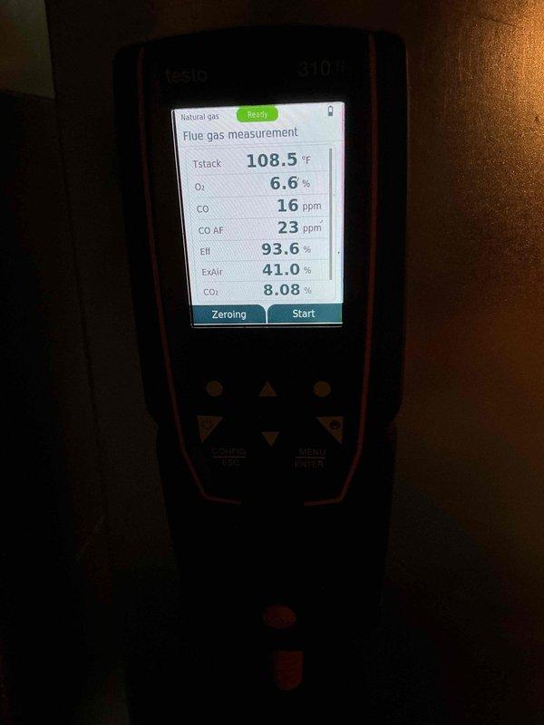 Performed a heating tune-up on the gas furnace, including a combustion analysis with a calibrated flue gas analyzer that showed 108.5°F stack temperature, 6.6% O₂, 8.08% CO₂, 16 ppm CO (23 ppm air-free), 41% excess air, and 93.6% combustion efficiency. All readings were within normal operating parameters for natural gas, and the system was left operating properly.