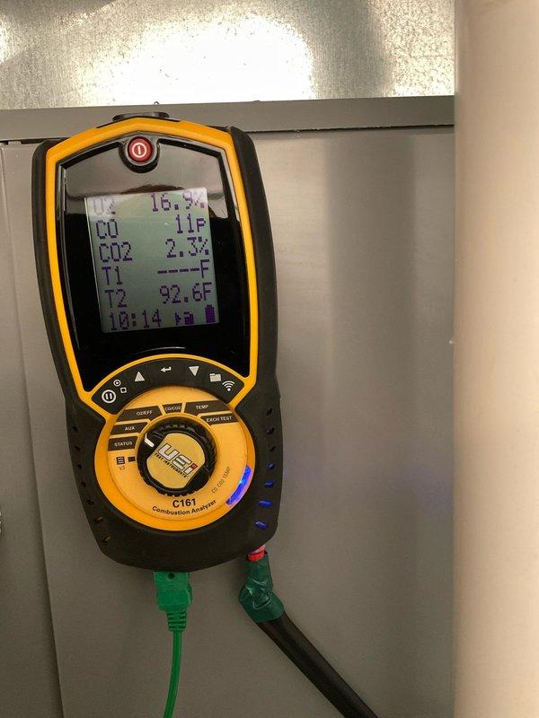 Performed scheduled furnace maintenance under Home Plan service agreement. Conducted combustion analysis with UEi C161 analyzer, verifying CO levels (16.1 ppm), CO2 percentage (2.3%), and proper operating temperature (92.6°F). Inspected burner assembly, confirming normal blue flame pattern and inspected gas valve connections and control wiring for proper operation.