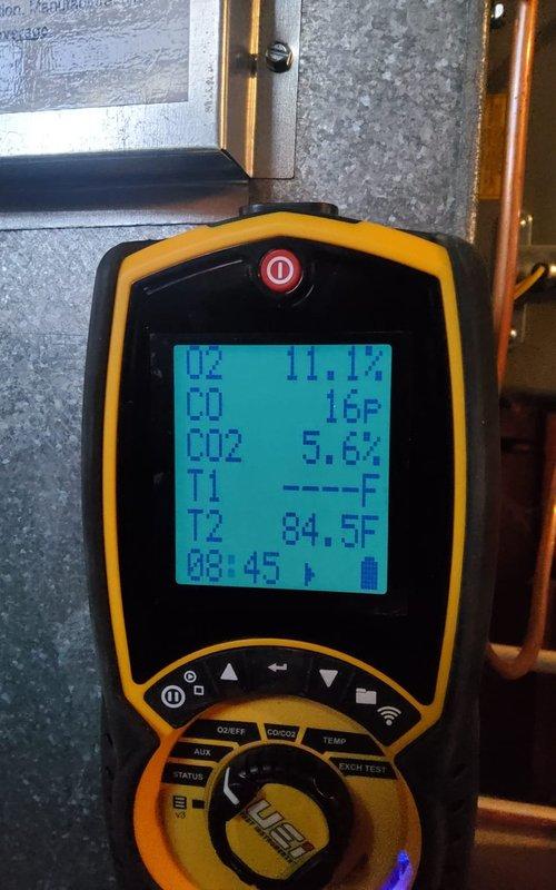 Completed scheduled furnace maintenance service. Inspected burner assembly, confirming proper ignition and flame characteristics. Conducted combustion analysis testing with readings of O2 11.1%, CO 16ppm, CO2 5.6%, with stack temperature at 84.5°F, all within acceptable parameters for safe operation.