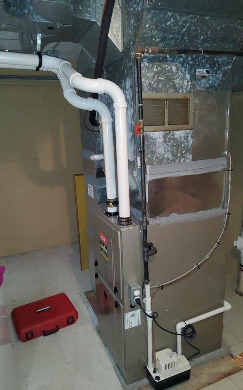 Performed scheduled furnace tune-up and inspection. System components including gas valve, electrical connections, and blower assembly were examined and found in normal working condition. Verified proper operation of condensate pump and inspected PVC venting system - all components functioning correctly with no issues identified.