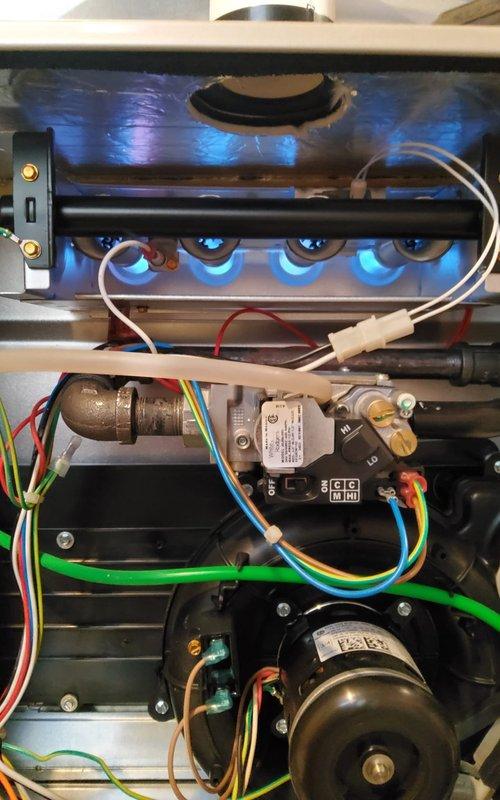 Performed scheduled furnace tune-up and inspection. System components including gas valve, electrical connections, and blower assembly were examined and found in normal working condition. Verified proper operation of condensate pump and inspected PVC venting system - all components functioning correctly with no issues identified.