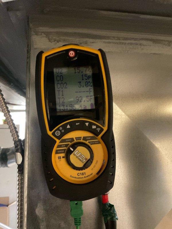 Conducted heating maintenance on two residential units under Home Plan service agreement. Performed complete system inspection including burner assembly verification with proper blue flame pattern observed. Combustion analysis testing showed optimal readings with 0 PPM carbon monoxide, 3.0% CO2, and temperature at 92.5°F, confirming system efficiency and safe operation.