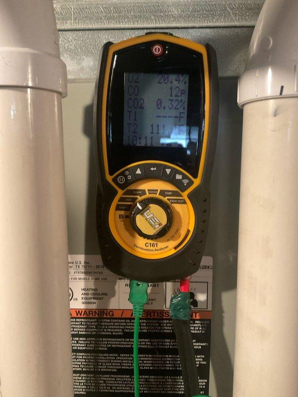 Performed scheduled heating system tune-up. Conducted visual inspection of system components including wiring connections at P03 terminal. Utilized C161 Combustion Analyzer to test system performance, verifying safe CO levels (0 PPM) and proper combustion efficiency with CO2 at 0.3%. System operating within normal parameters.