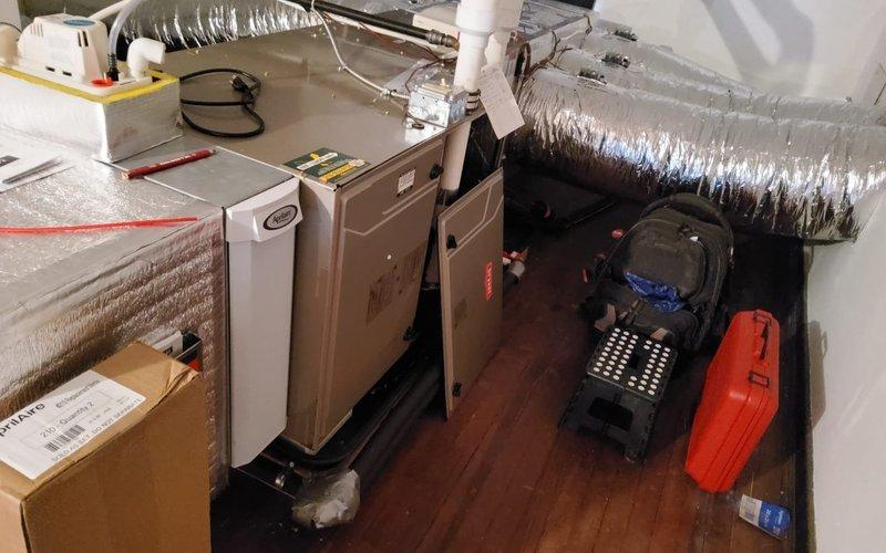 Performed scheduled maintenance on dual furnace systems. Inspected and verified operation of control components including sensor unit with status indicators. Examined ductwork connections and pressure systems, confirming proper installation and functionality of all HVAC components.