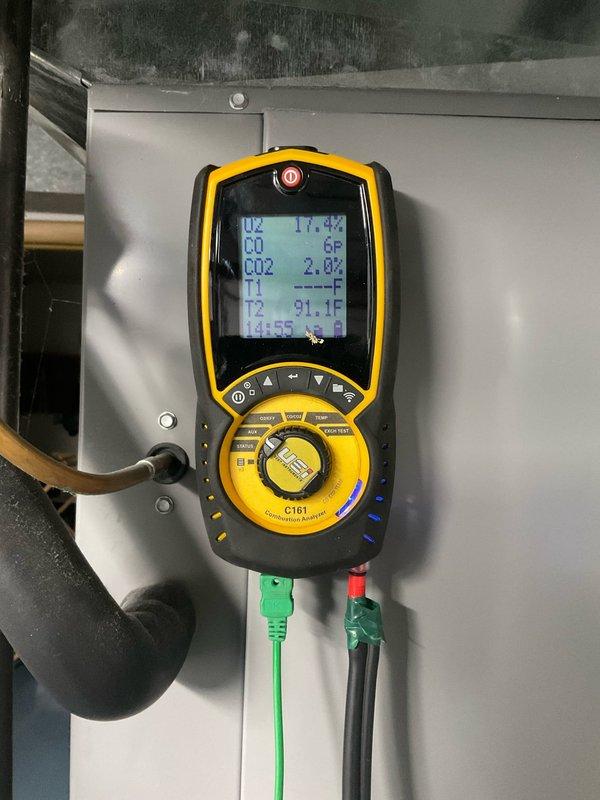 Performed scheduled heating tune-up on HP furnace system. Conducted combustion analysis using Fieldpiece C161 analyzer, confirming proper operation with safe readings (O2: 17.4%, CO: 0 PPM, CO2: 2.0%). Inspected burner assembly, verified clean blue flame pattern indicating efficient combustion with no safety concerns.