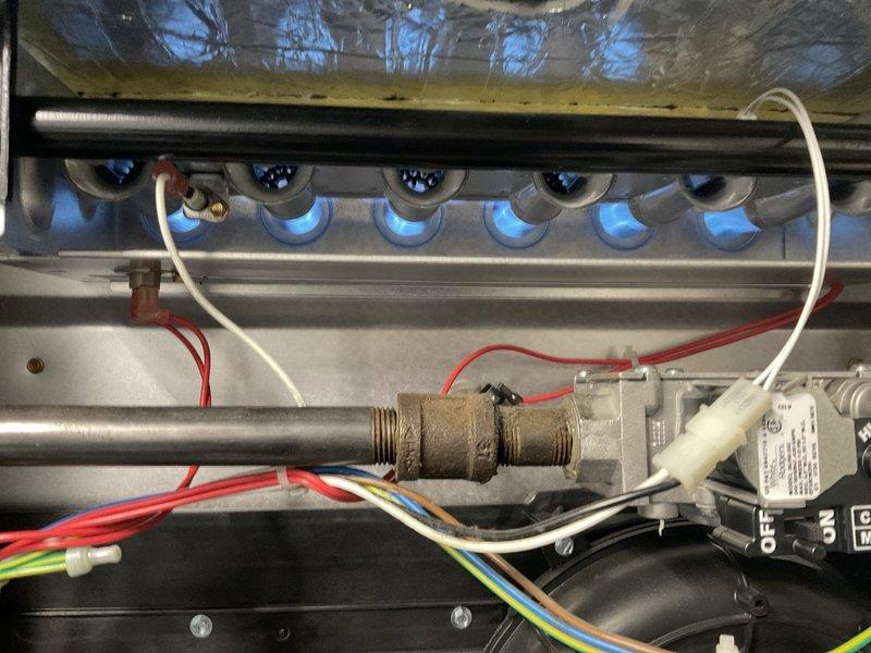 Performed scheduled heating tune-up on HP furnace system. Conducted combustion analysis using Fieldpiece C161 analyzer, confirming proper operation with safe readings (O2: 17.4%, CO: 0 PPM, CO2: 2.0%). Inspected burner assembly, verified clean blue flame pattern indicating efficient combustion with no safety concerns.