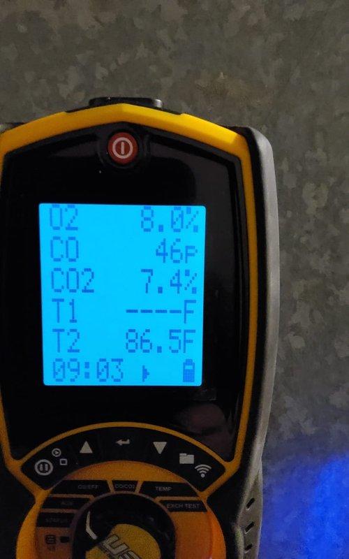 Performed annual furnace maintenance service. Conducted combustion analysis with digital analyzer showing initial readings of O2 at 11.6%, CO at 22ppm, and CO2 at 5.3% at 75.9°F. After adjustments, final readings improved to O2 at 8.0%, CO at 46ppm, and CO2 at 7.4% at 86.5°F, confirming proper combustion and safe operation.