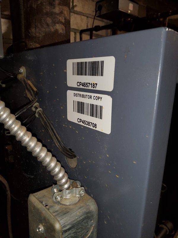 Performed scheduled tune-up on water boiler (model MVP8-12) of undetermined age. Inspected burner assembly showing proper flame pattern across all tubes. Checked and verified component identification numbers (CP4657187, CP4538708) and examined electrical connections, noting all wires (yellow, blue, orange, white) were secure and properly routed.