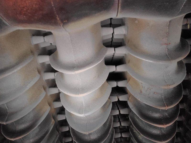 Performed scheduled maintenance on 14-year-old MVP steam boiler system between 12-4pm as requested by Jeff P. Inspection revealed significant frost buildup and visible cracks on heat exchanger fins. Cleaned affected components and documented condition of heat transfer surfaces showing signs of oxidation and wear consistent with system age.