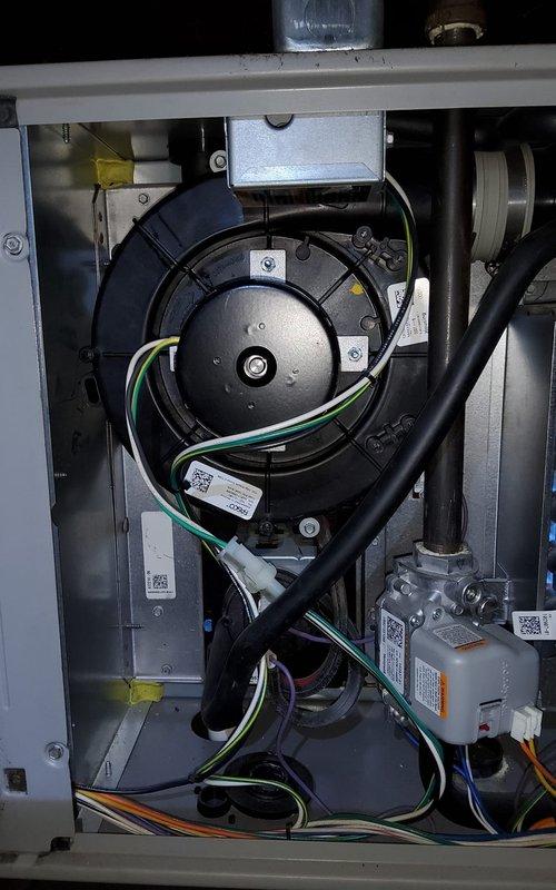 Responded to service call for non-functioning furnace producing noise with no airflow. Upon inspection, discovered faulty blower motor assembly causing system failure. Replaced blower motor, reconnected wiring harnesses to control board, and tested system operation. Furnace now functioning properly with normal airflow restored, bringing upstairs temperature back to comfortable levels.