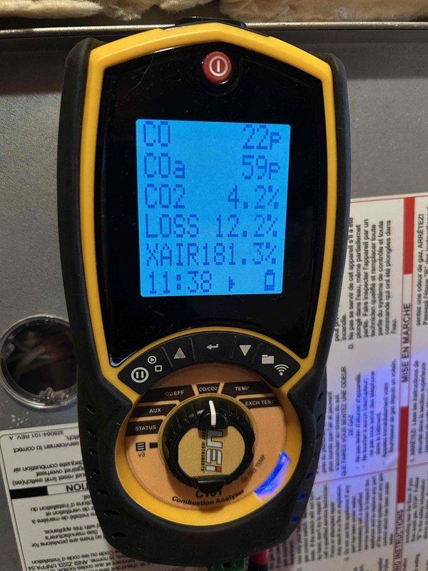 Completed annual tune-up on customer's furnace, replacing customer-supplied filter at no additional cost. Conducted comprehensive diagnostic testing, including temperature readings (40.0°F at ductwork) and combustion analysis (CO: 22P, CO₂: 4.2%, efficiency loss: 12.2%). All systems verified to be operating within normal parameters.