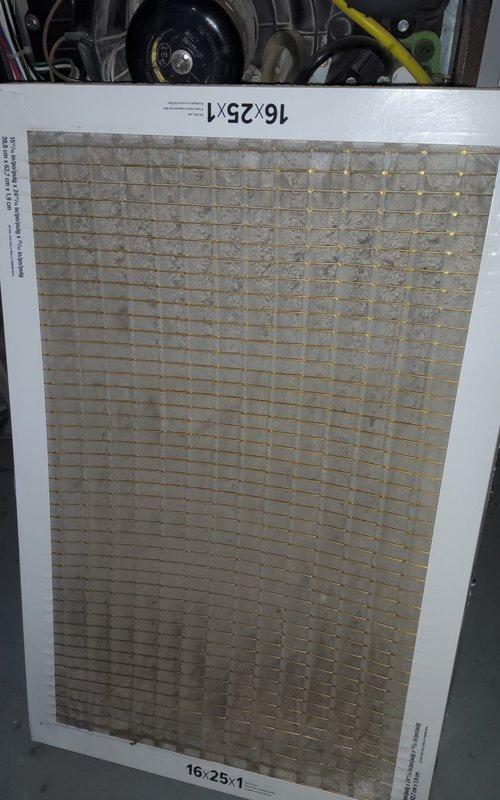Responded to no heat call for natural gas furnace of unknown age. Performed diagnostic inspection and found dirty air filter (16x25x1) causing airflow restriction. Replaced filter, cleaned system components, and restored proper heating function. Unit is now operating within normal parameters.