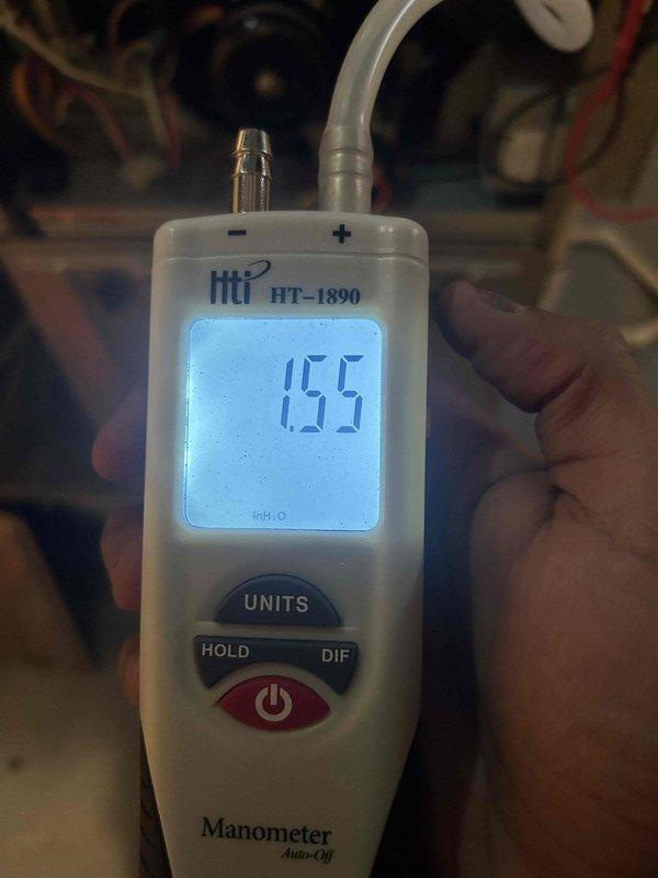 Performed heating maintenance on dual heat pump furnace systems with mini-split. Conducted gas pressure testing with HTP HT-1390 manometer showing 155 reading, and measured combustion levels using Fieldpiece diagnostic tool which displayed 0.15. All systems verified operational with proper readings within manufacturer specifications.
