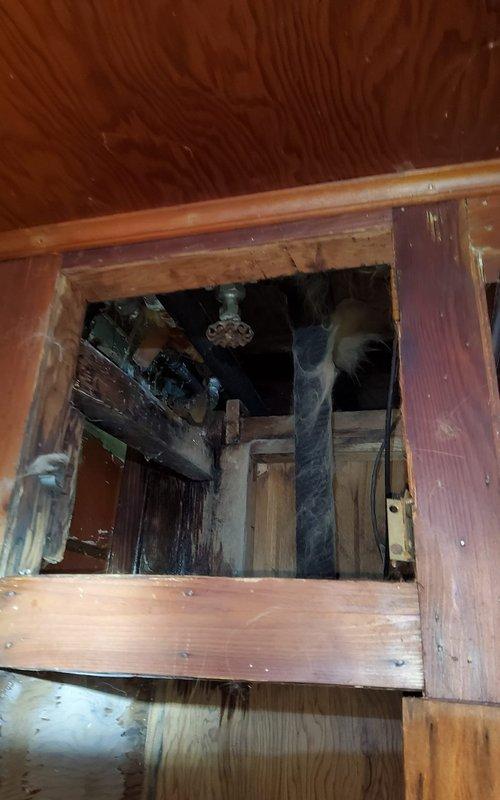 Accessed floor opening to inspect suspected pipe leak in subfloor area. Located and repaired damaged copper pipe joint in ceiling cavity, which showed signs of water damage to surrounding wooden structures. Applied appropriate sealant to connection points to ensure proper seal and prevent future leakage.