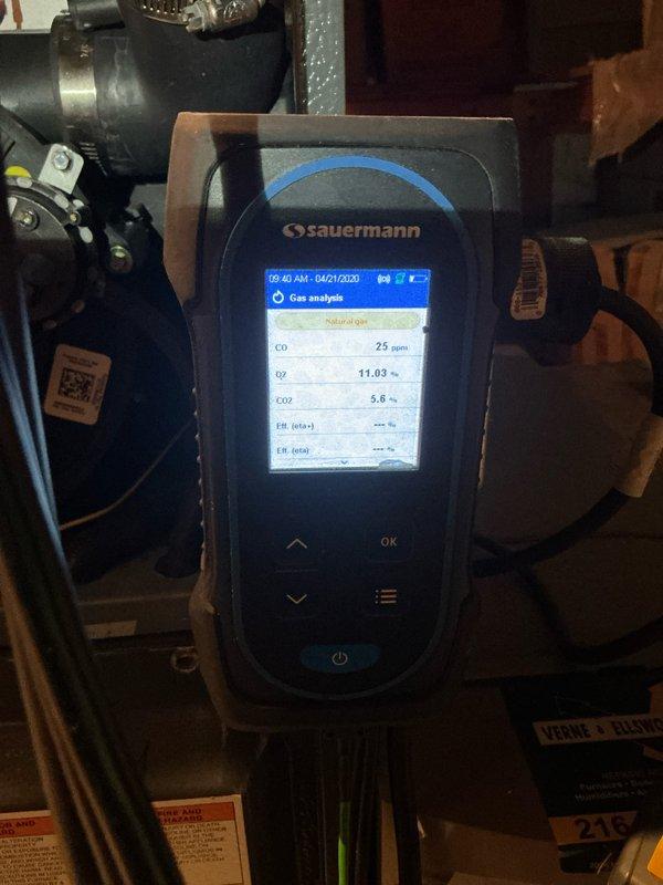 Performed scheduled maintenance on 2-year-old heating system. Conducted combustion analysis with digital gas analyzer showing acceptable readings (CO: 25ppm, O2: 11.03%, CO2: 9.6%). Inspected electrical components and wiring connections, confirming proper installation with no visible issues.
