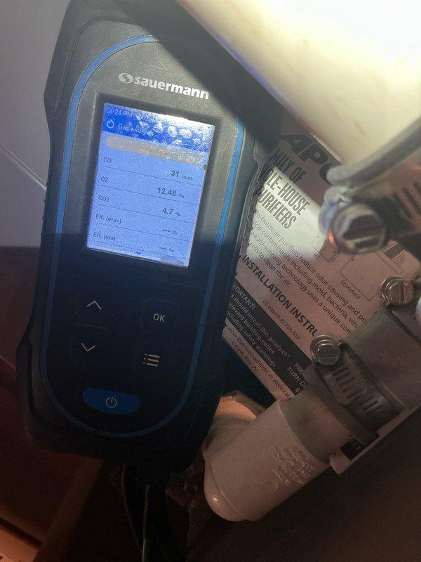 Performed routine maintenance on 7-year-old MVP gas furnace. Conducted combustion analysis with Sauermann diagnostic device, confirming proper operation with CO levels at 0 ppm, O2 at 20.66%, and CO2 at 0.2%. System is functioning within normal parameters.