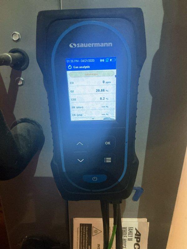Performed routine maintenance on 7-year-old MVP gas furnace. Conducted combustion analysis with Sauermann diagnostic device, confirming proper operation with CO levels at 0 ppm, O2 at 20.66%, and CO2 at 0.2%. System is functioning within normal parameters.