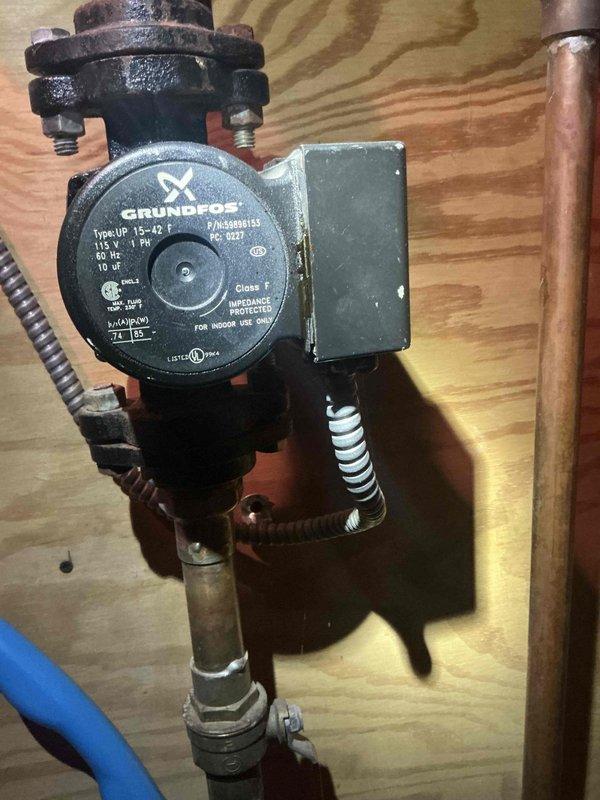 Diagnosed and repaired no-heat condition on 5-year-old furnace system. Identified faulty Grundfos circulator pump (model UP 15-42 F) causing insufficient flow through the hydronic heating system. Replaced pump and verified proper operation, restoring heat throughout residence.