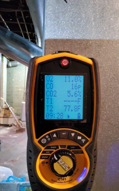 Performed scheduled furnace tune-up service, including combustion analysis using UEi C161 analyzer. Testing confirmed proper operation with combustion readings of 11.0% O2, 16ppm CO, and 5.6% CO2 at 77.8°F. Visual inspection of burner assembly showed clean blue flames indicating efficient combustion. Replaced customer's air filter with the requested Aprilaire 410 filter.