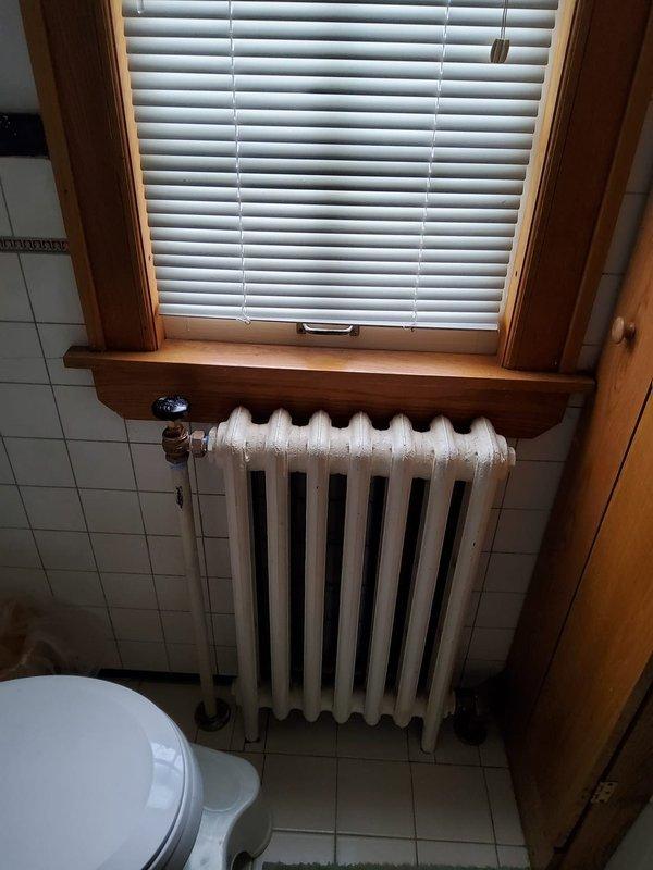 Replaced defective steam valve and trap on dining room radiator to restore proper heating function. Inspected non-functioning bedroom radiator, which exhibits significant corrosion and deterioration requiring replacement. Requested comprehensive quote for bedroom radiator replacement from Dale.