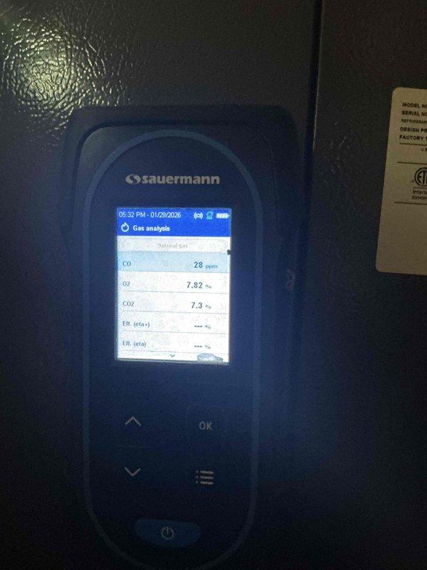 Performed annual furnace tune-up under home service plan. Inspected blower wheel assembly and wiring connections. Conducted combustion analysis with readings of CO at 28 ppm, O2 at 7.82%, and CO2 at 7.3%, confirming proper furnace operation within acceptable parameters.