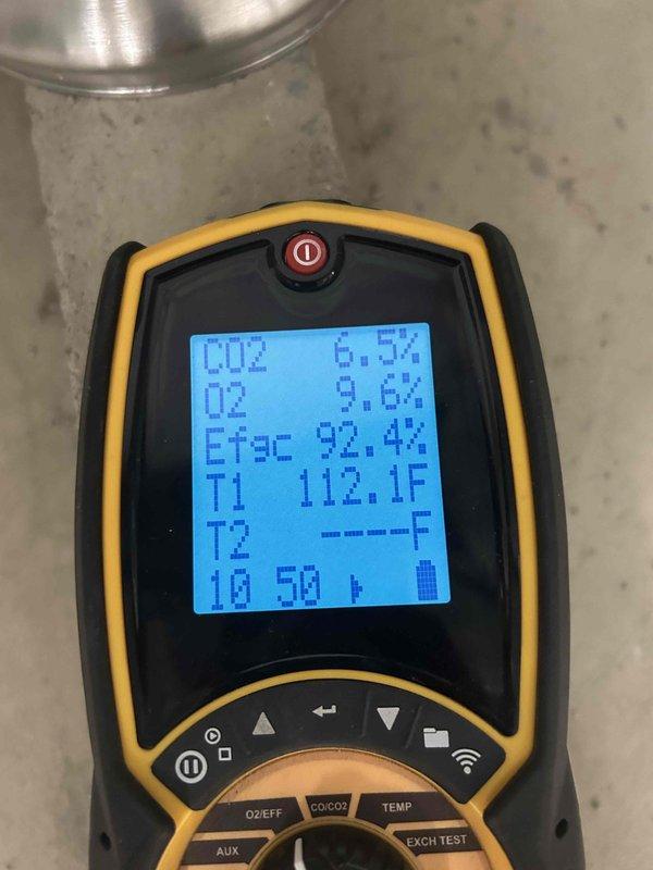 Performed scheduled maintenance on 12-year-old MVP gas furnace. Conducted combustion analysis with readings of CO2 6.5%, O2 9.6%, and efficiency rating of 92.4%. Temperature measurements showed 112.1°F at primary sensor. Additional pressure differential testing completed with HT-1890 meter showing 1.72 reading. System operating within manufacturer specifications.